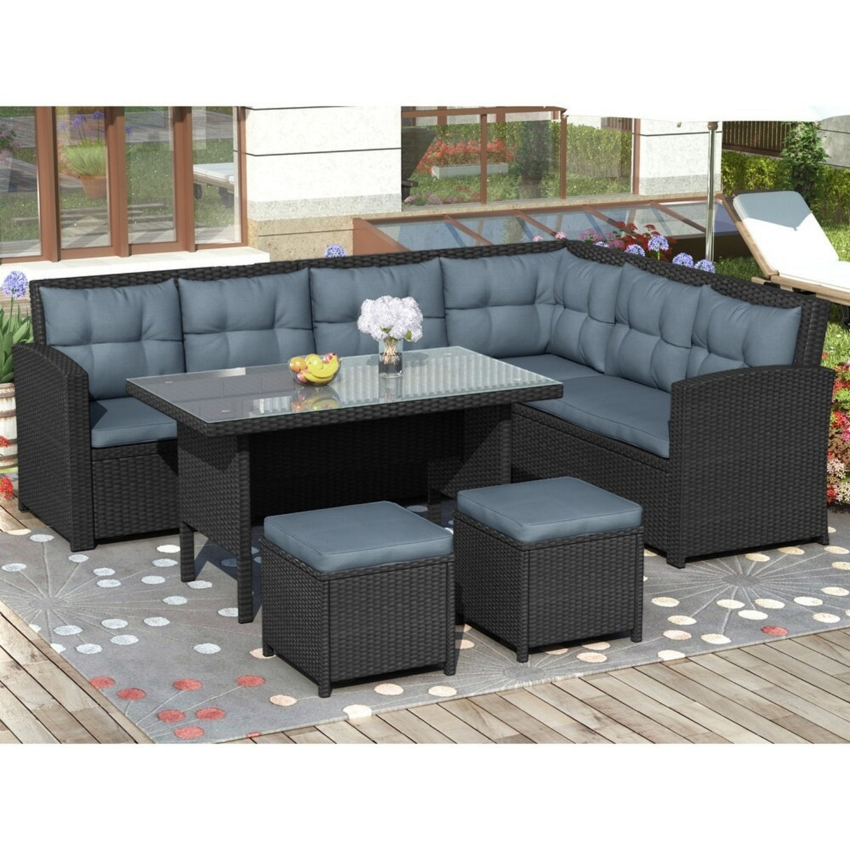 5-Piece Wicker Patio Conversation Set (Dark Brown/ Cyan Blue)