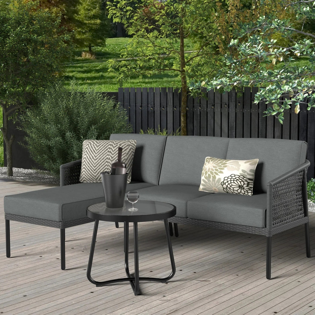 L-Shaped Patio Conversation Sofa Set with Thick Cushions & Side Table (Grey)