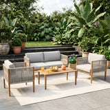Outdoor Rope Sofa Set with Teak Wood Frames (Grey)