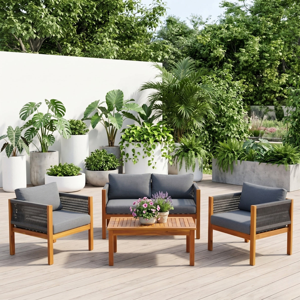 Outdoor Rope Sofa Set with Teak Wood Frame (Grey)