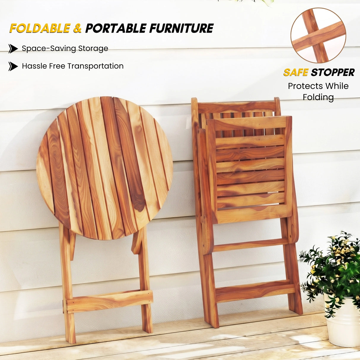 Acacia Wood Foldable Outdoor Bistro Set – 2 Chairs & Round Table