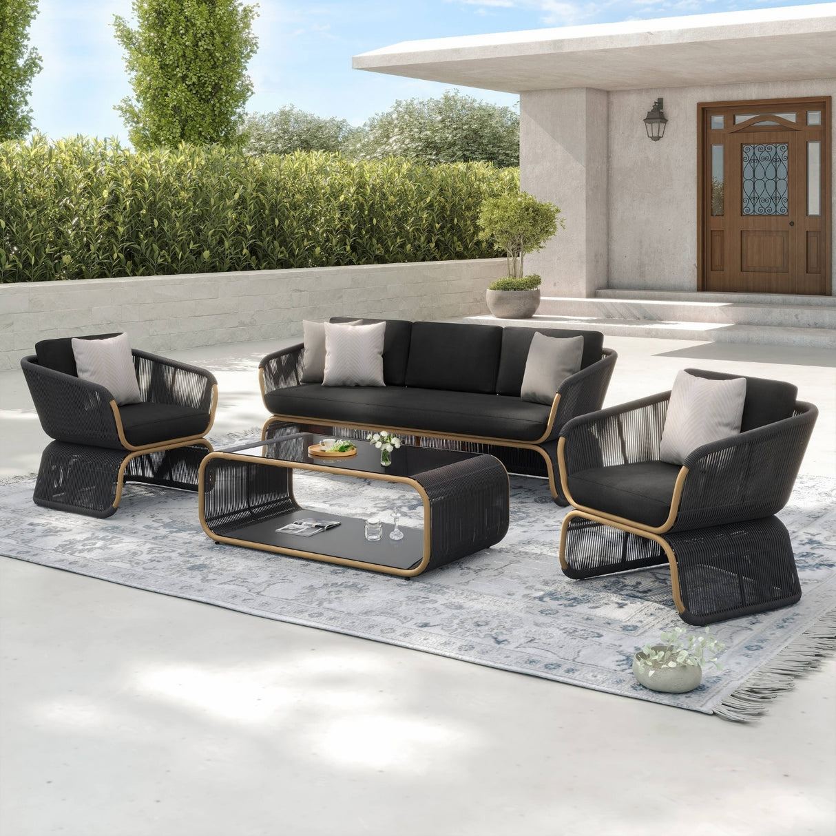 Outdoor Braided Rope Sofa Set With 2-Tier Glass Top Table