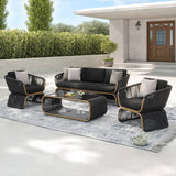 Outdoor Braided Rope Sofa Set With 2-Tier Glass Top Table