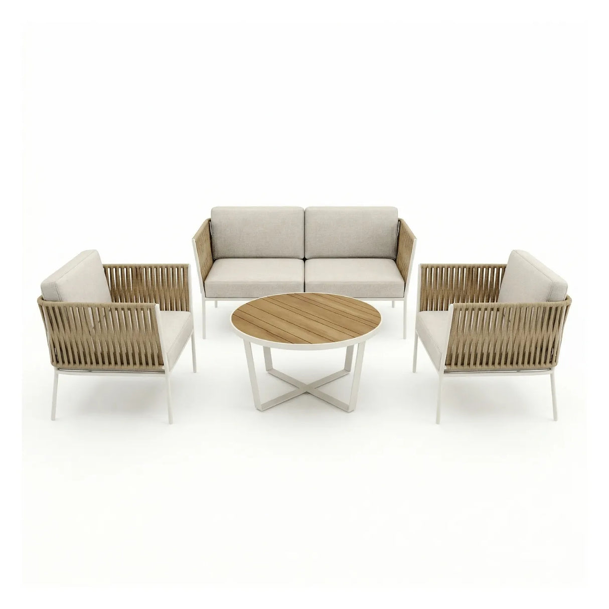 Outdoor Rope 4-Piece Sofa Set with Wooden Top Round Table