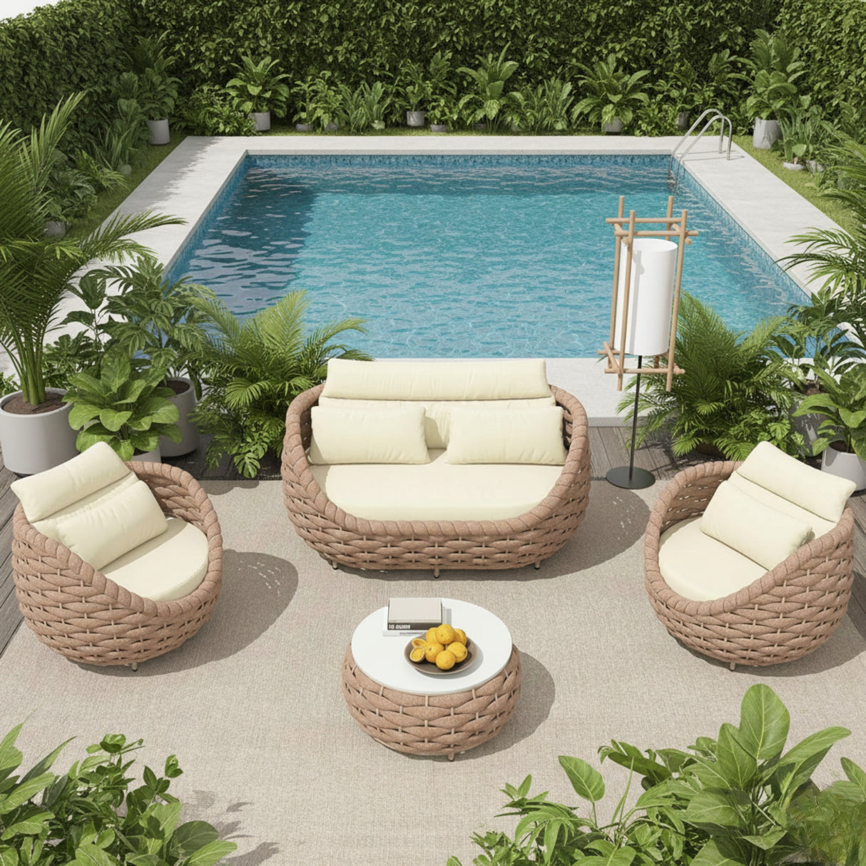 4 Piece Outdoor Rope Sofa Set (Beige & Cream)