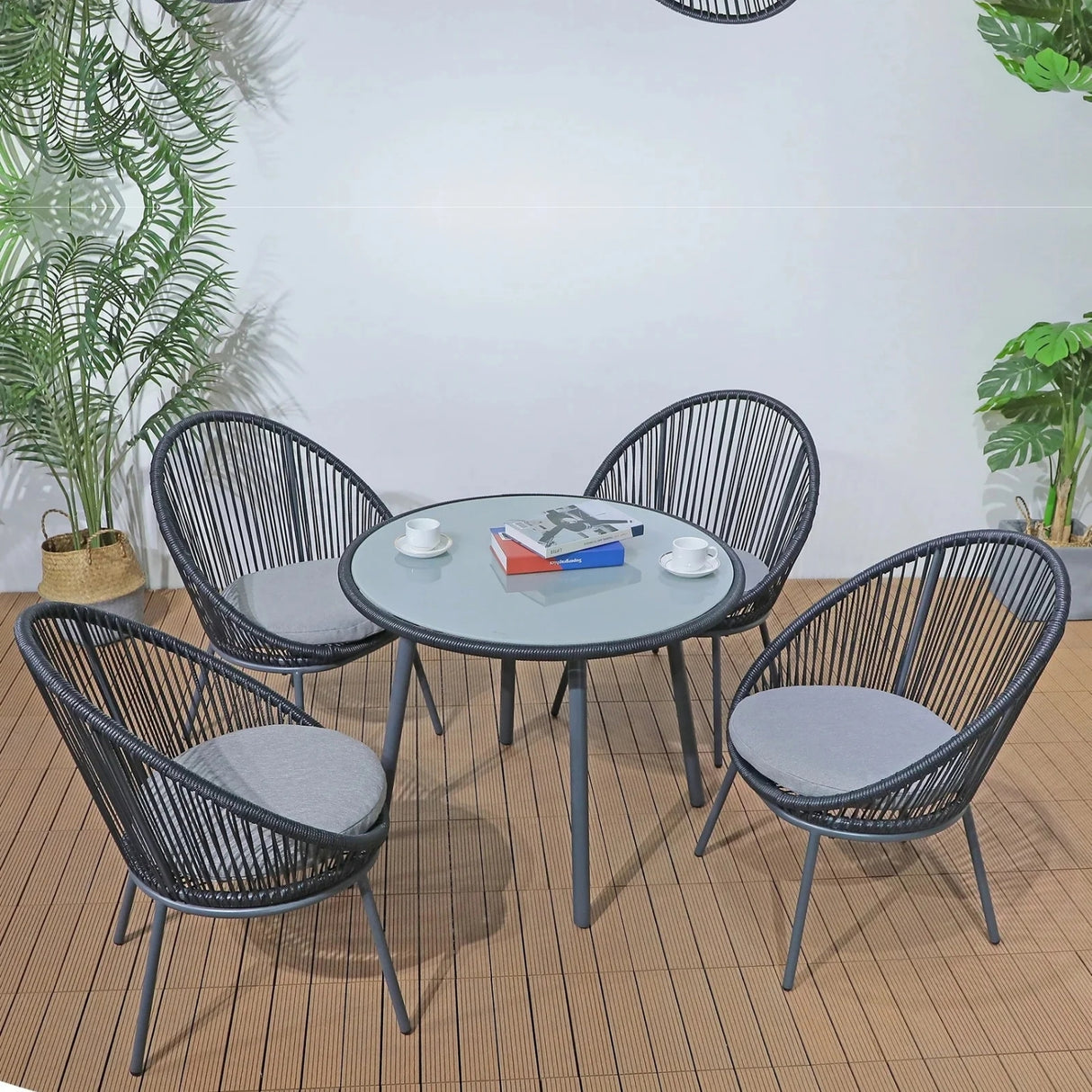 5-Piece Outdoor Patio Dining Set with Rope Chairs & Glass Top Table
