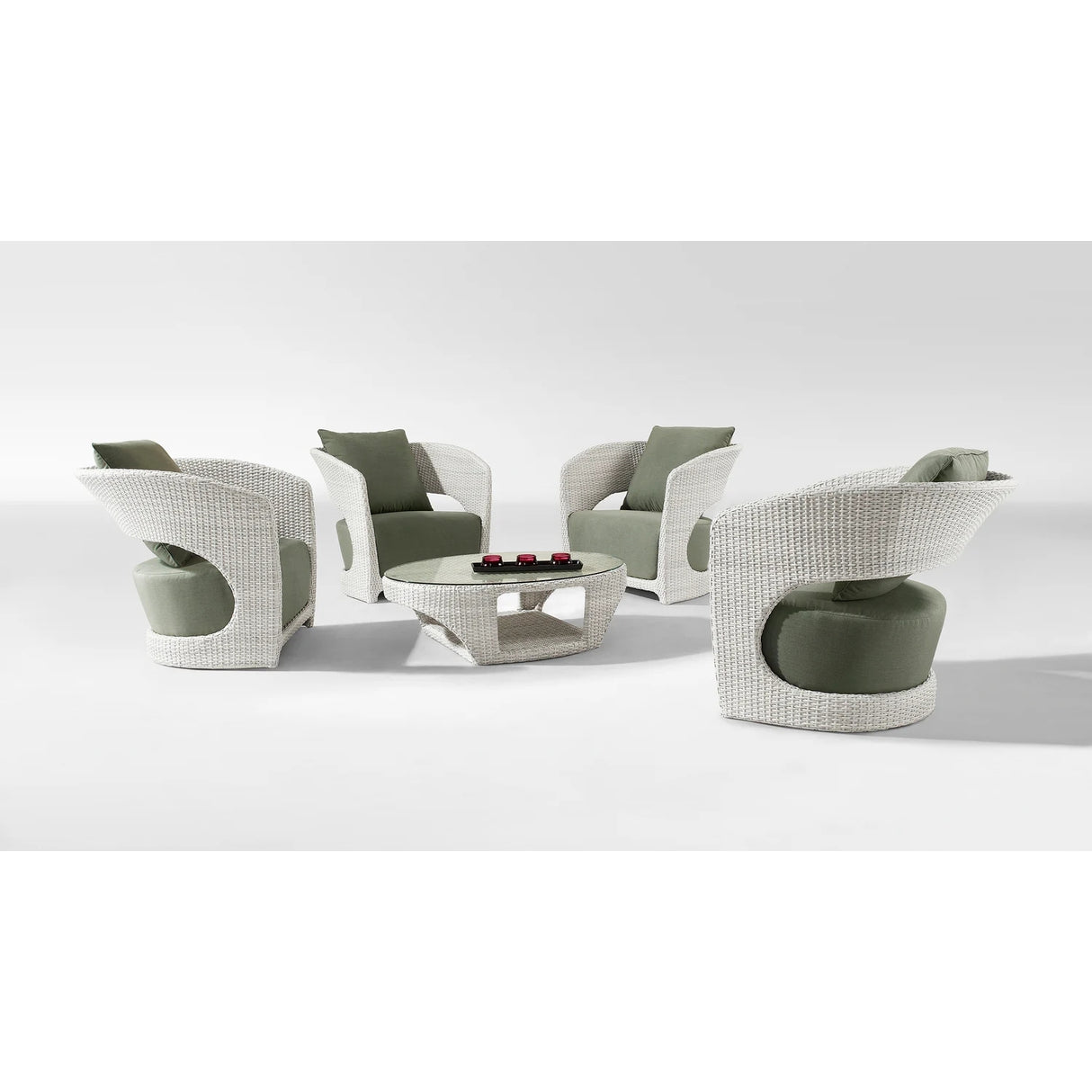 Outdoor White Rattan Wicker Sofa Chairs With Glass Top Table