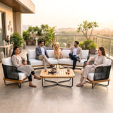 Outdoor Rope Sofa Set with Wooden Base & Teak Finish Coffee Table (Black & Off-White)