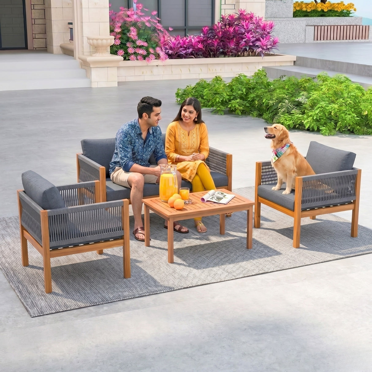 Outdoor Rope Sofa Set with Teak Wood Frame (Grey)
