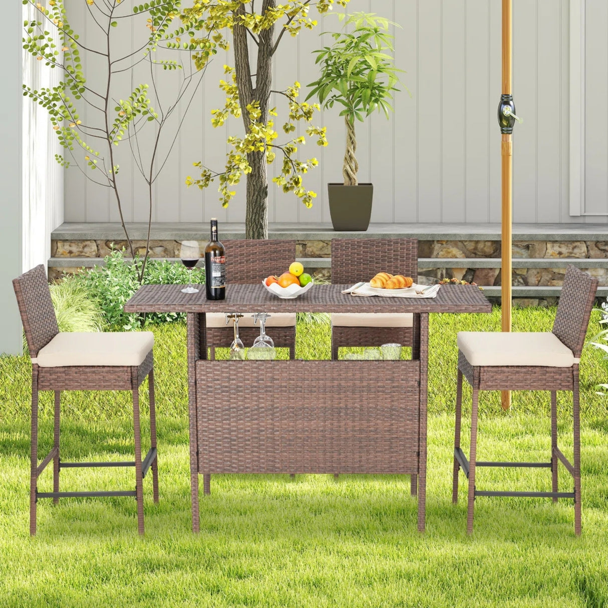 5-Piece Outdoor Rattan Wicker Bar Set with Wicker Top Table