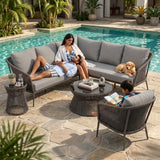 Outdoor Rope L-Shape Sofa Set with Center & Side Table (Grey)
