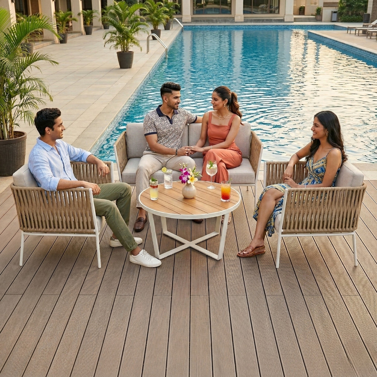 Outdoor Rope 4-Piece Sofa Set with Wooden Top Round Table