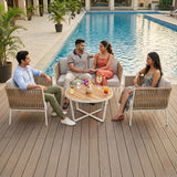 Outdoor Rope 4-Piece Sofa Set with Wooden Top Round Table
