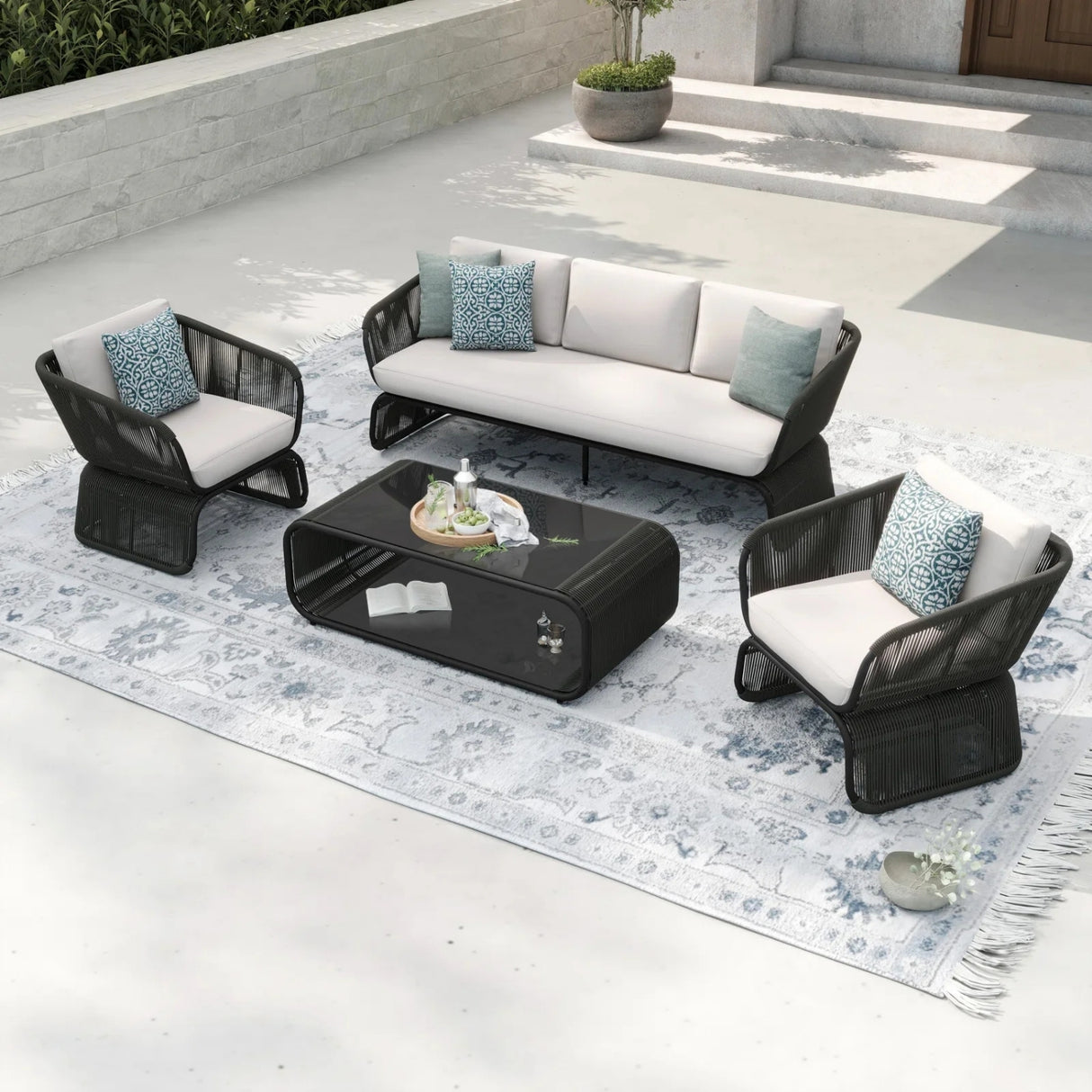 Outdoor Braided Rope Sofa Set With 2-Tier Glass Top Table