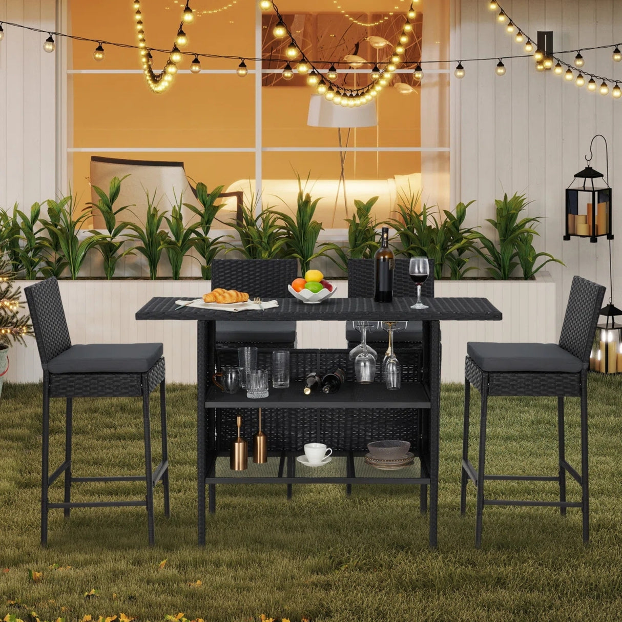5-Piece Outdoor Rattan Wicker Bar Set with Wicker Top Table