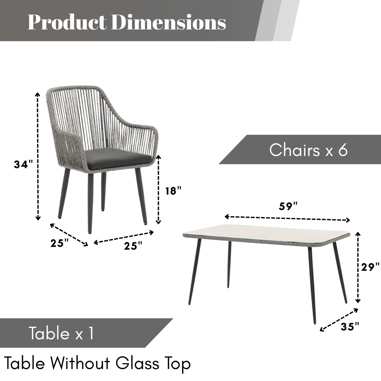 7-Piece Outdoor Patio Dining Set with Rope Chairs & Glass Top Table