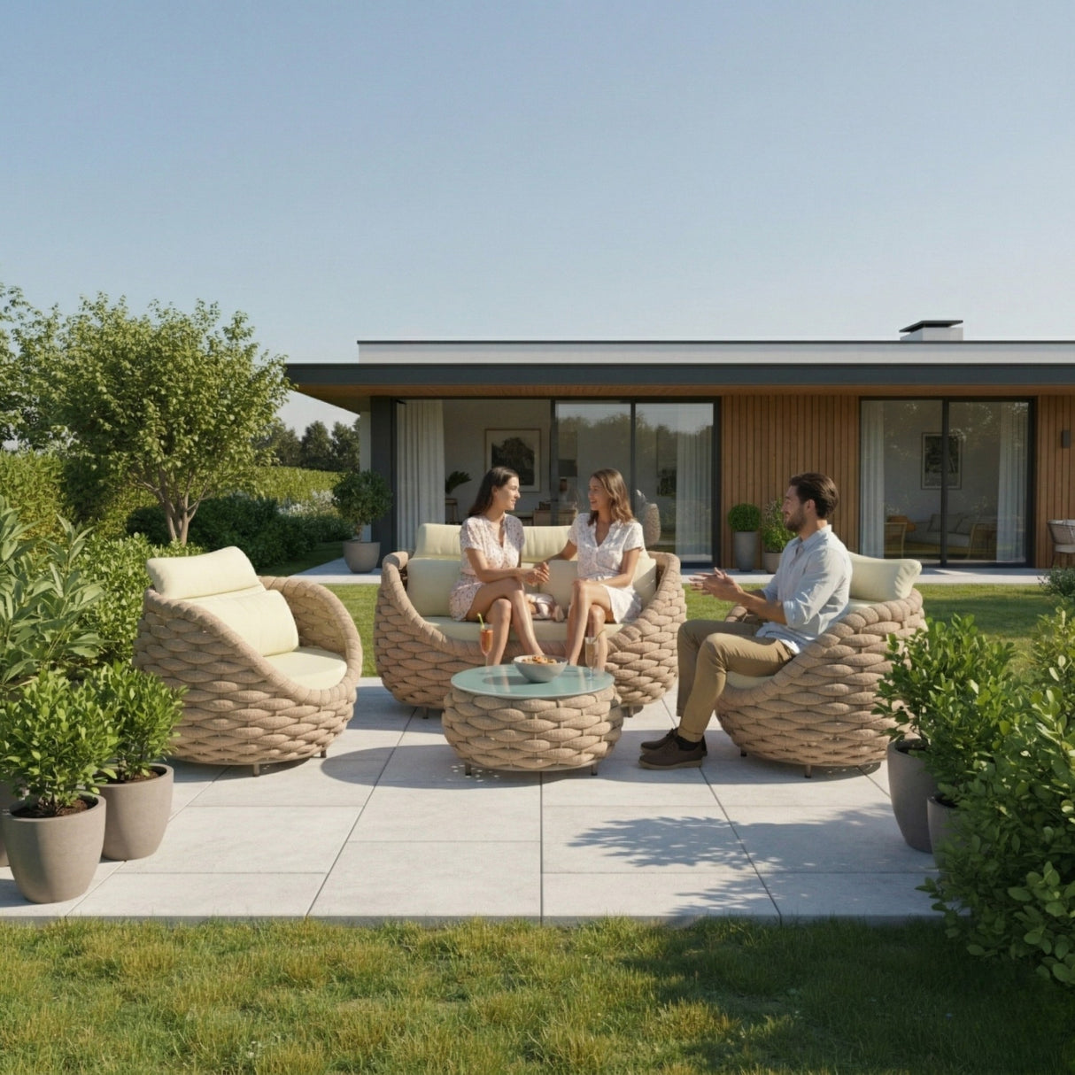 4 Piece Outdoor Rope Sofa Set (Beige & Cream)