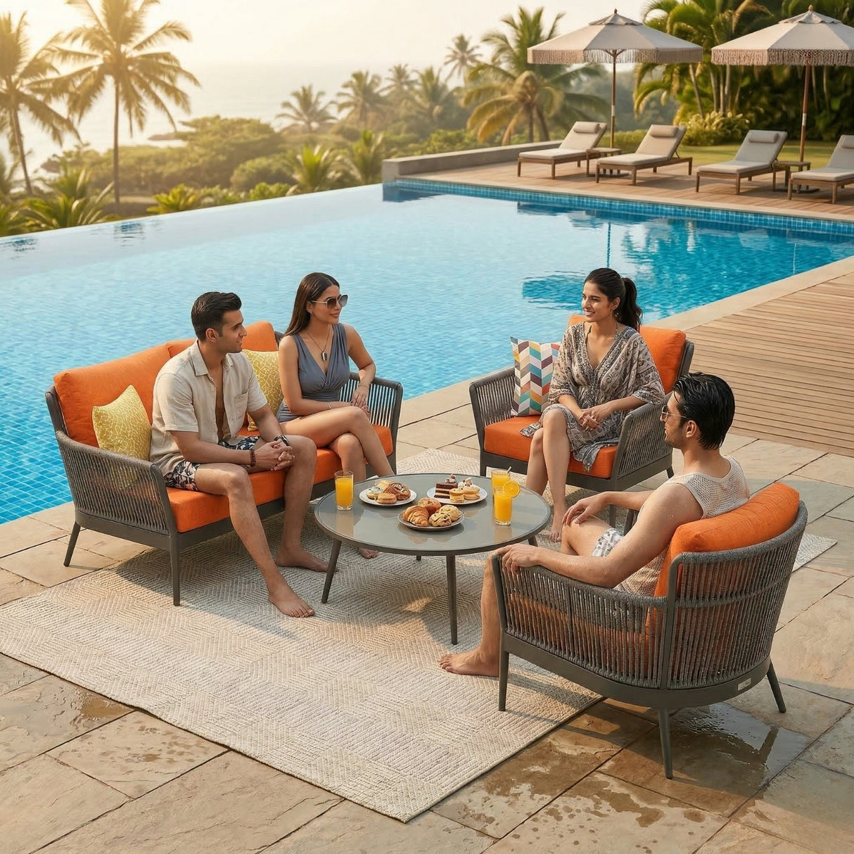 4-Piece Outdoor Rope Patio Furniture Set with Glass Top Table (Grey & Orange)