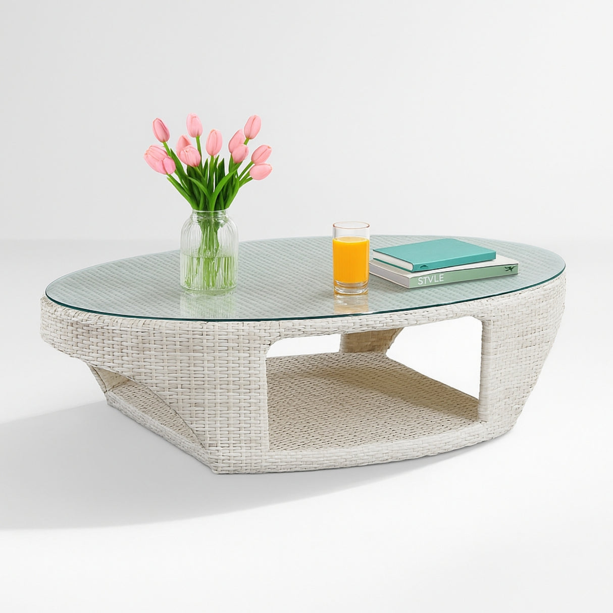 Outdoor White Rattan Wicker Sofa Chairs With Glass Top Table