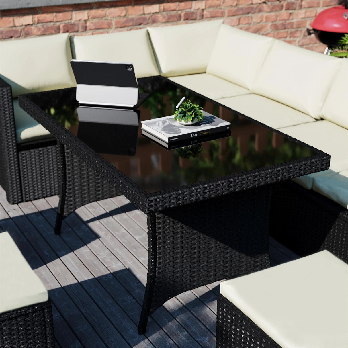 6-Piece Outdoor Wicker Patio Dining Set – Black/Cream
