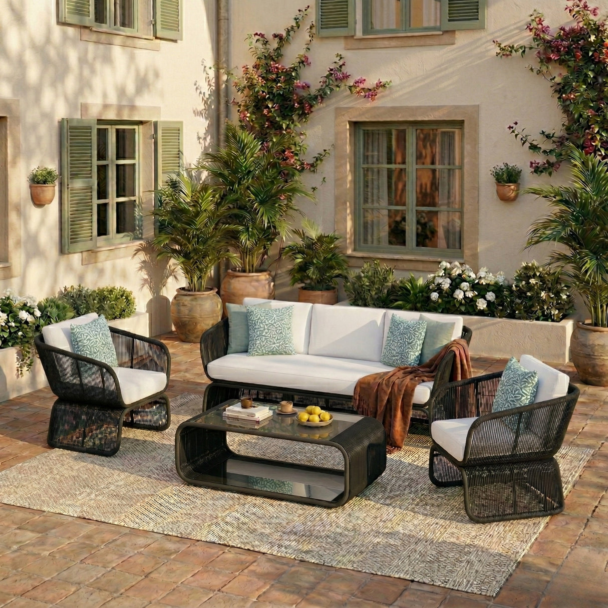 Outdoor Braided Rope Sofa Set With 2-Tier Glass Top Table