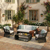Outdoor Braided Rope Sofa Set With 2-Tier Glass Top Table