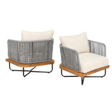 Outdoor 6-Piece Rope Woven Conversation Sofa Set with Wooden Top Table