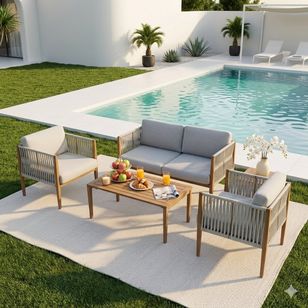 Outdoor Rope Sofa Set with Teak Wood Frames (Grey)