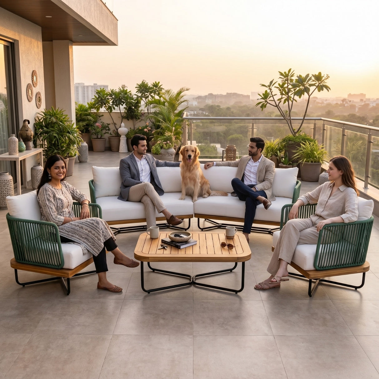 Outdoor Rope Sofa Set with Wooden Base & Teak Finish Coffee Table (Green & Off-White)