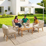 Outdoor Rope 4-Piece Patio Sofa Set with Wooden Legs & Coffee Table (Platinum & Off-White)