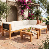 Outdoor Teak Wood & Rope L-Shape Sofa Set (Black & White)