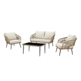 Outdoor Rope 4-Piece Patio Sofa Set with Glass Top Table (Beige/Cream)