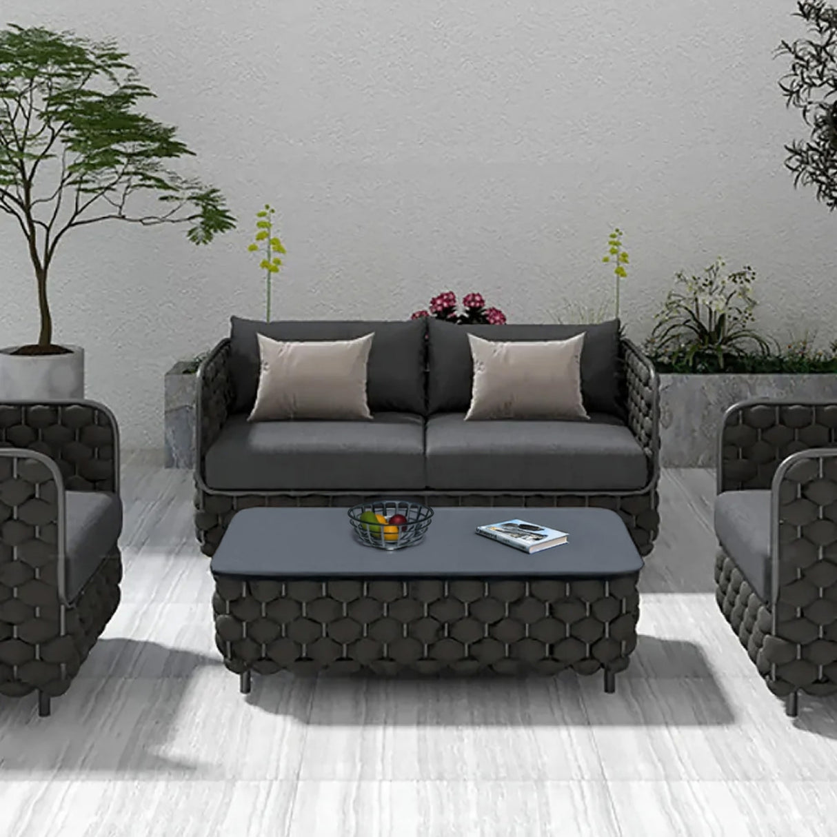4 Piece Outdoor Rope Sofa Set with Glass Top Coffee Table (Black)