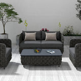 4 Piece Outdoor Rope Sofa Set with Glass Top Coffee Table (Black)