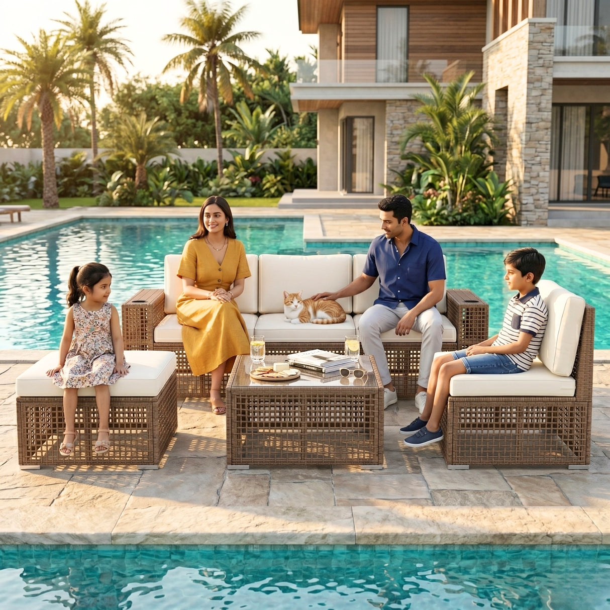 Outdoor Rattan Wicker Patio Conversation Furniture Set (Dark Brown & Cream)