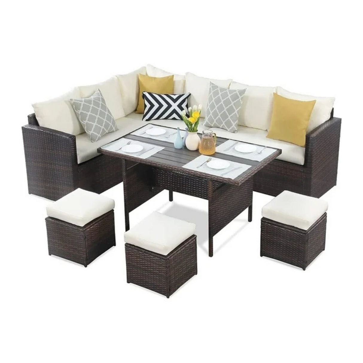 6-Pieces L-Shape Patio Rattan Dining Set