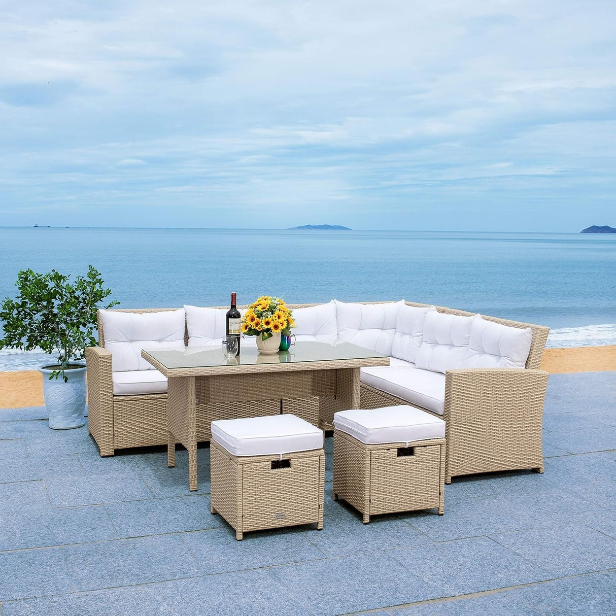 5-Piece Wicker Patio Conversation Set (Beige/White)