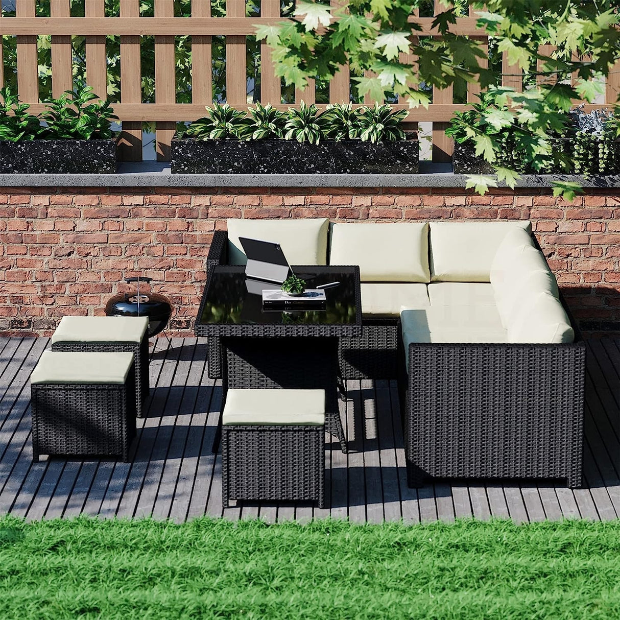 6-Piece Outdoor Wicker Patio Dining Set – Black/Cream