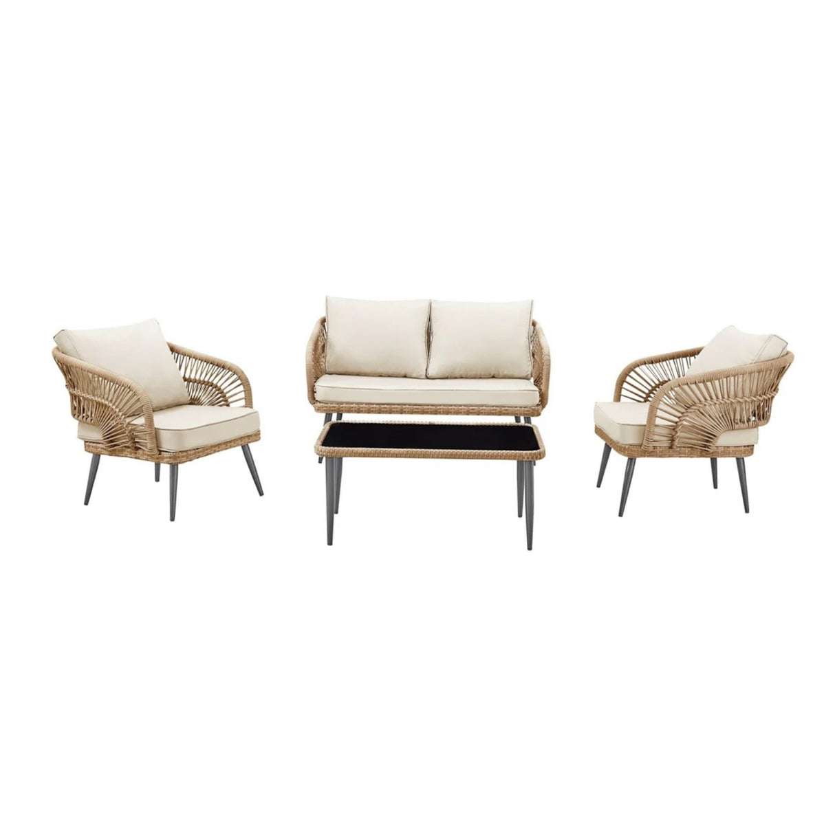 Outdoor Rope 4-Piece Patio Sofa Set with Glass Top Table (Beige/Cream)