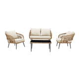Outdoor Rope 4-Piece Patio Sofa Set with Glass Top Table (Beige/Cream)
