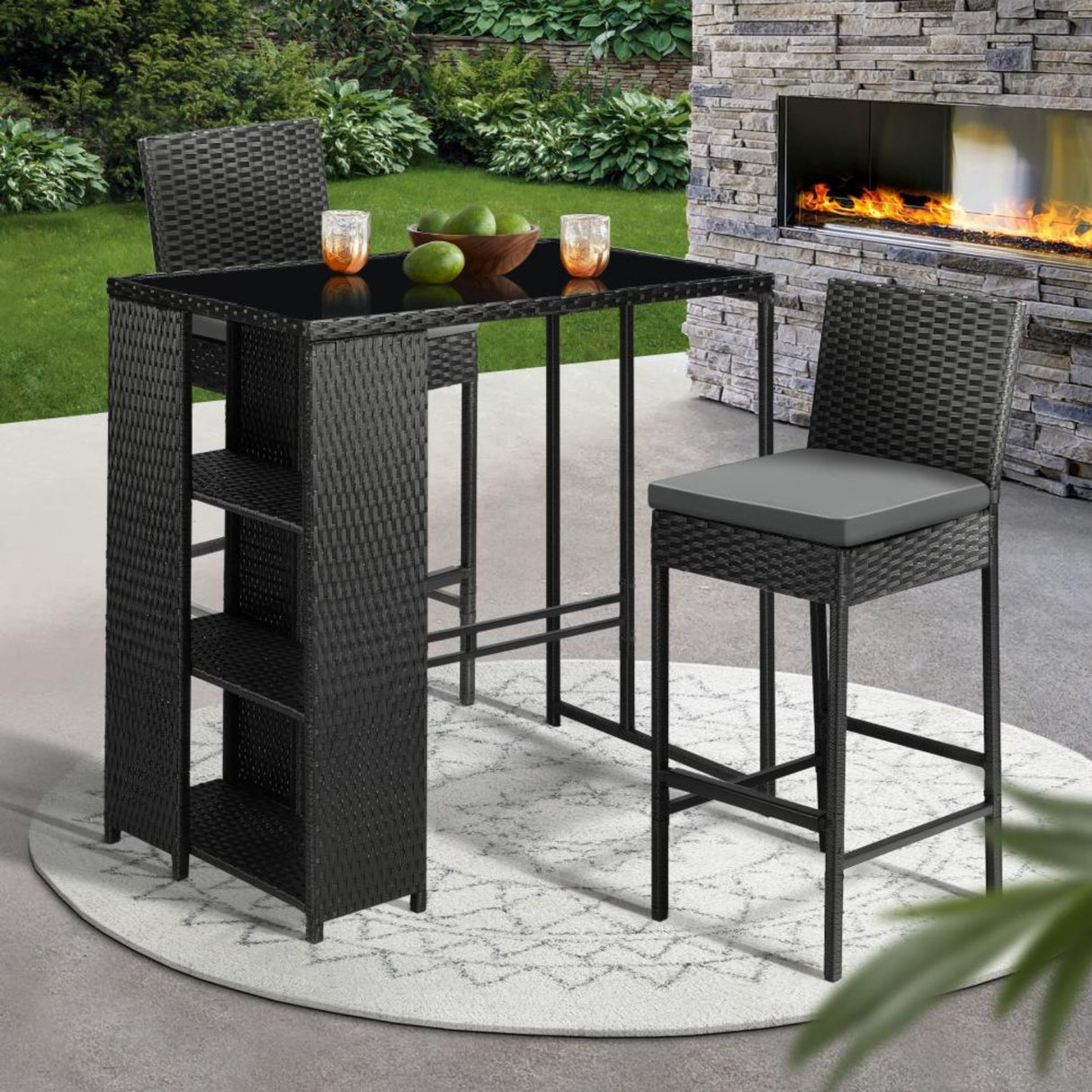 3-Piece Outdoor Rattan Wicker Bar Set with Glass Top Table