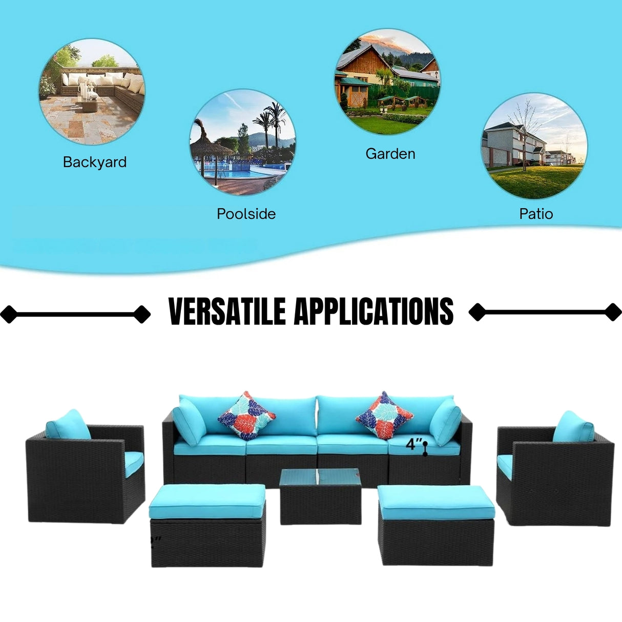 6-Piece Outdoor Conversation Set (Black/Sky-Blue)