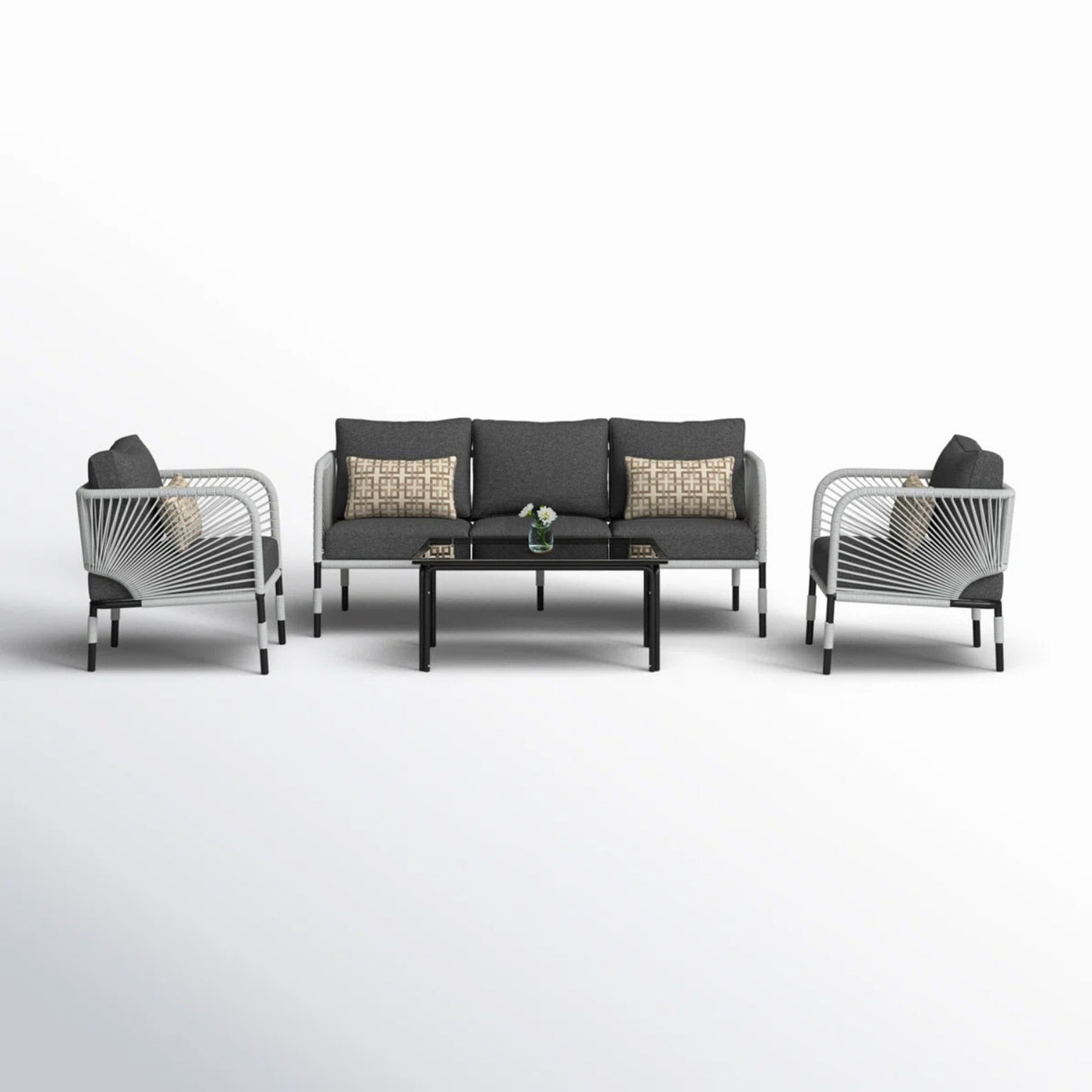 Outdoor Rope 5-Seater Sofa Set With Glass Top Table