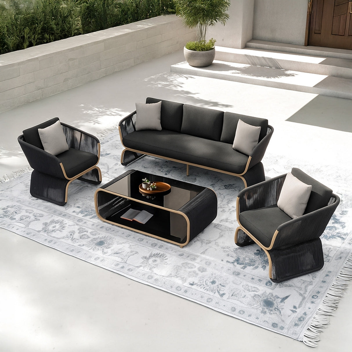 Outdoor Braided Rope Sofa Set With 2-Tier Glass Top Table