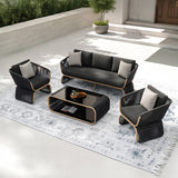 Outdoor Braided Rope Sofa Set With 2-Tier Glass Top Table