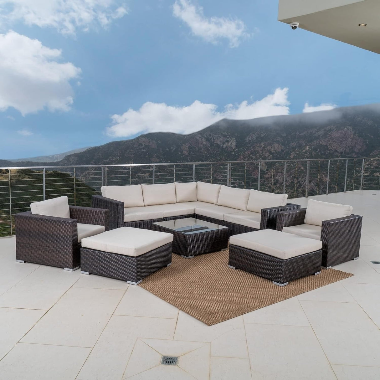 7-Piece Rattan Sectional Sofa Set (Dark Brown/Cream)