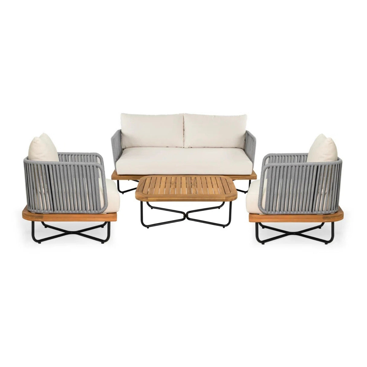 Outdoor 4-Piece Rope Woven Conversation Sofa Set with Wooden Top Table