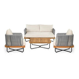 Outdoor 4-Piece Rope Woven Conversation Sofa Set with Wooden Top Table