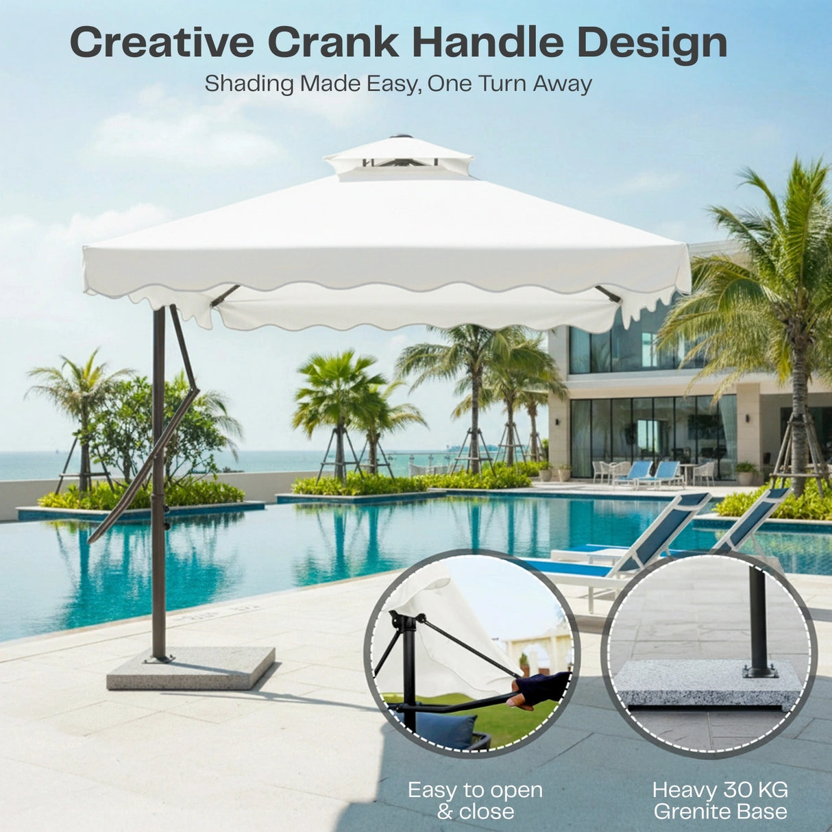 10ft Side Pole Square Shape Outdoor Umbrella With Marble Base (White)