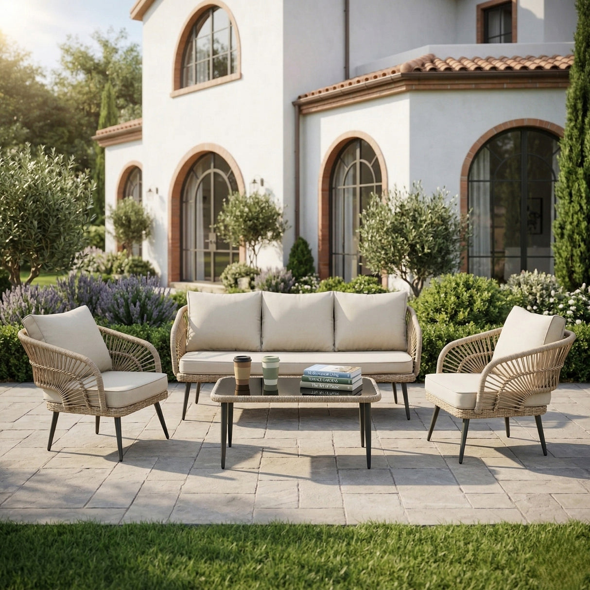 Outdoor Rope Conversation Patio Sofa Set (Beige/Cream)